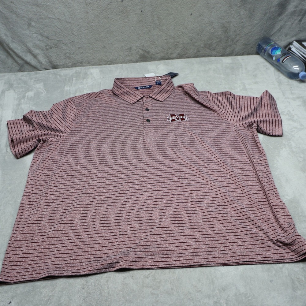 MSU Bulldogs Polo Shirt Men XXL Cutter & Buck Red Heather Stripe NCAA $95 NEW
